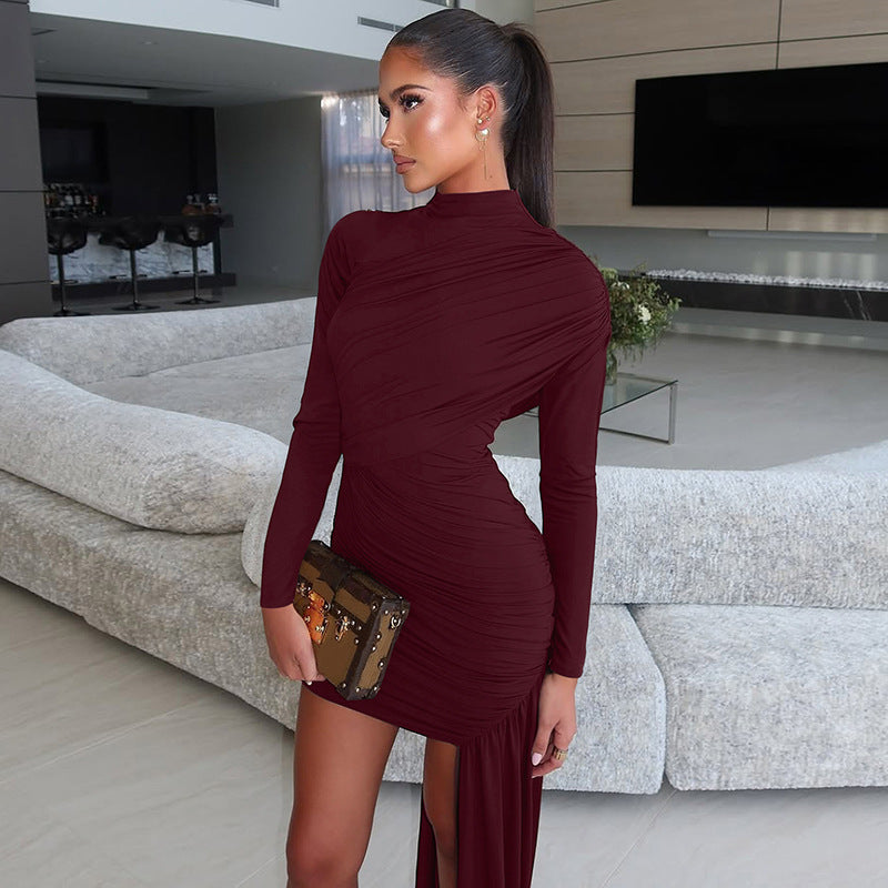 European and american women's clothing  autumn new fashion slim-fit round neck long sleeve shirred bodycon asymmetrical ribbon dress