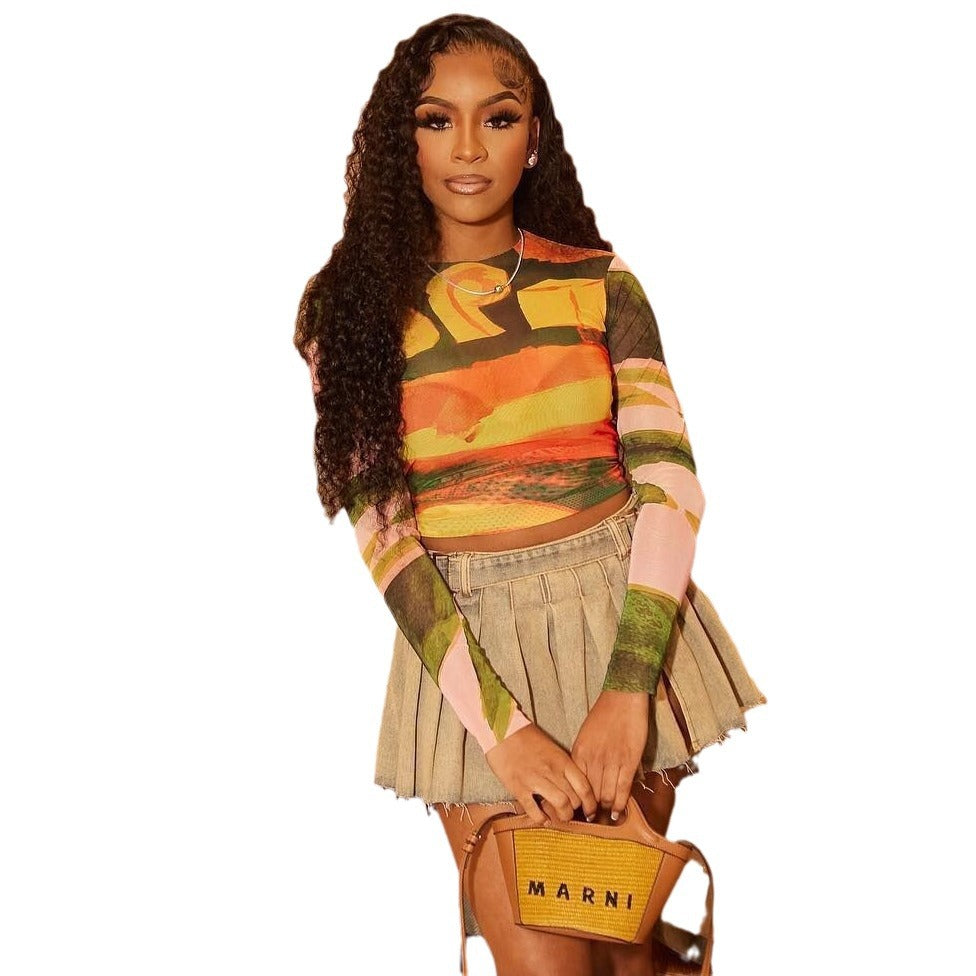 European and american style  summer export fashion tie-dye print crew neck long sleeve cropped top t-shirt - trendy women's dropshipping