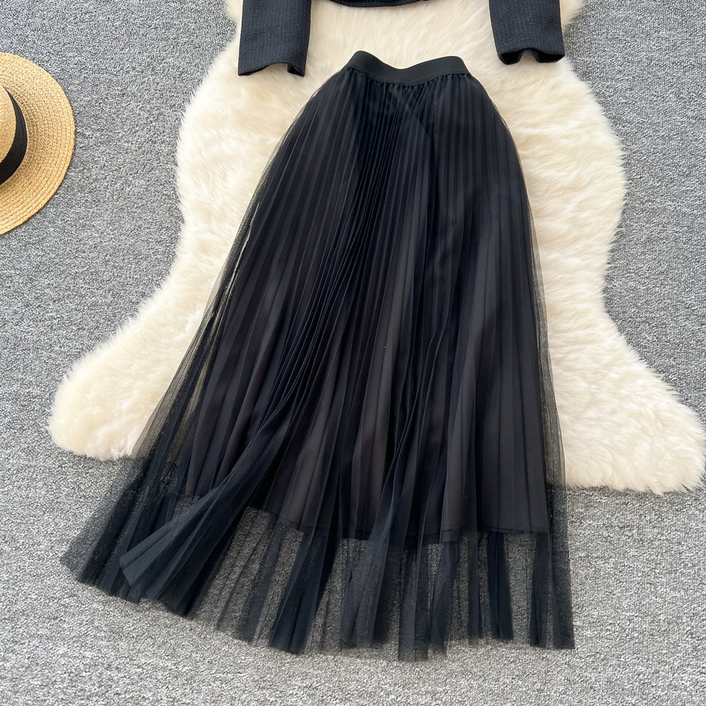 Xiaoxiangfeng wears frenchclassy sense of beads round neck waist suit outwearhigh waist mesh pleated skirt