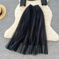 Xiaoxiangfeng wears frenchclassy sense of beads round neck waist suit outwearhigh waist mesh pleated skirt