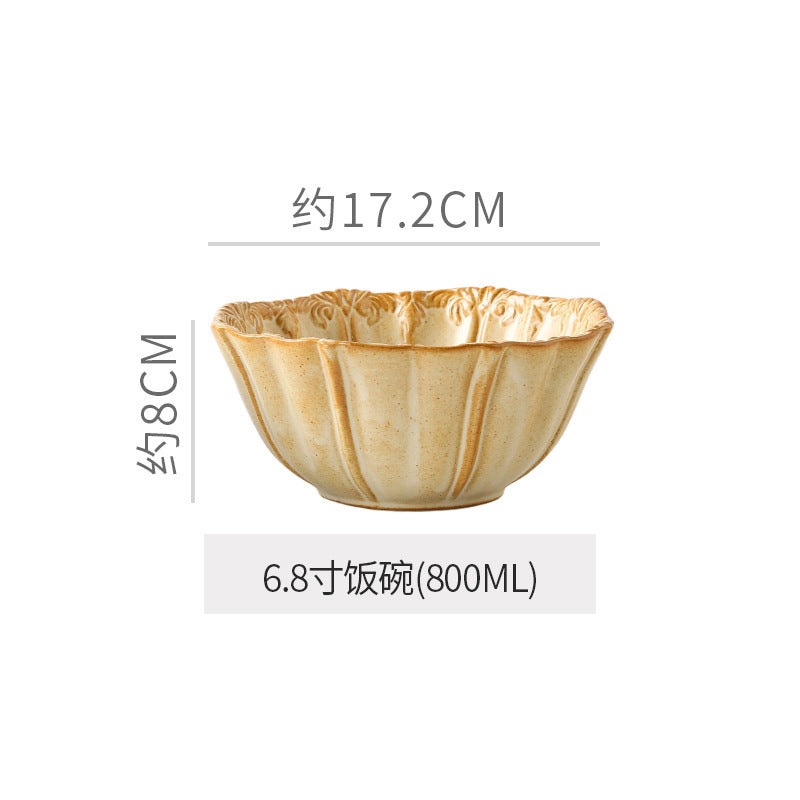 Embossed retro ceramic dinnerware set - french-inspired plates, high-end steak plates, dessert bowls, and rice bowls for home use