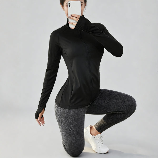 Pre-sale of European and American  new black slim-fitting diagonal pocket thumb buckle yoga fitness casual long-sleeved sports jacket