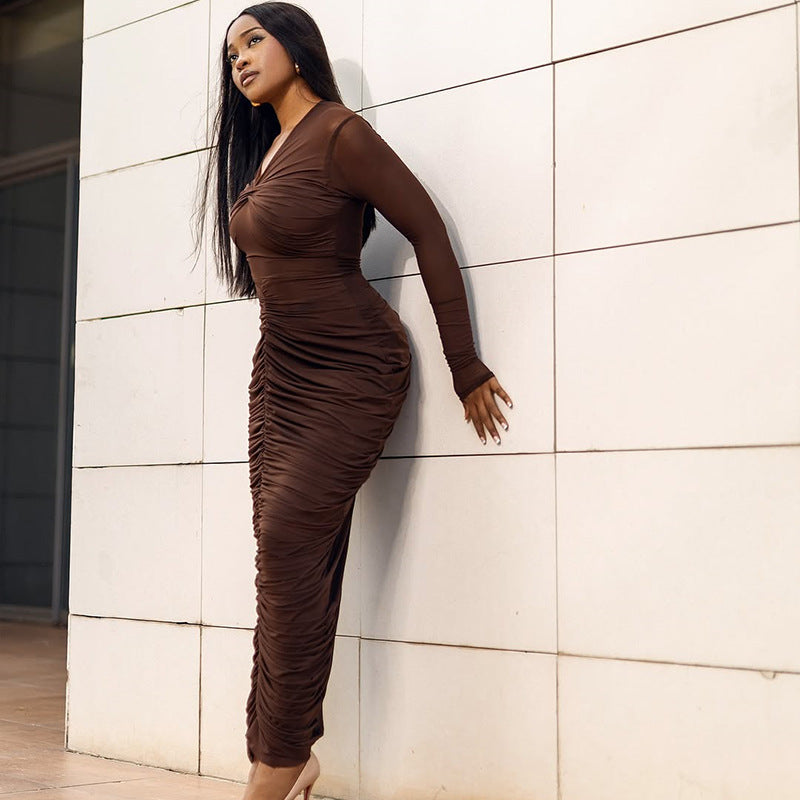 European and american style ins cross-border women's pleated bodycon v-neck bodycon dress long sleeve solid color streetwear one-step dress