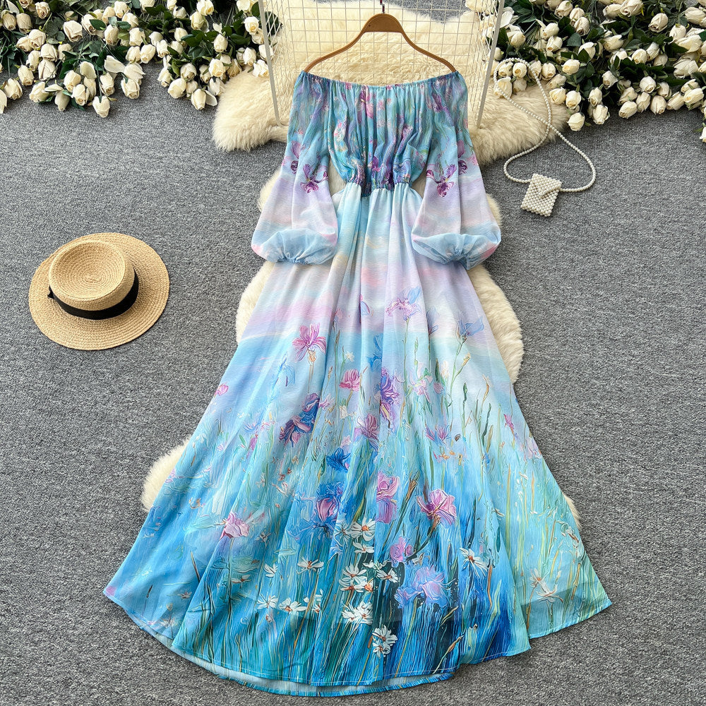 French romantic one-shoulder printed dress - women's spring/autumn lantern sleeve a-line maxi dress - vacation style