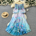 French romantic one-shoulder printed dress - women's spring/autumn lantern sleeve a-line maxi dress - vacation style