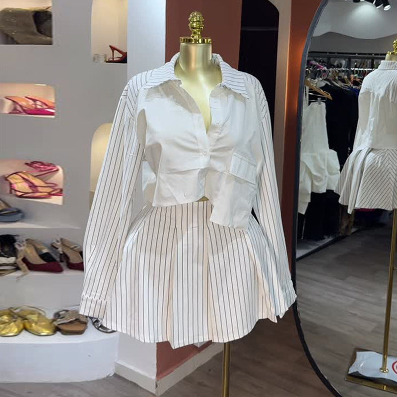 European and american cross-border women's fashion:  autumn new collection - stylish design patchwork striped shirt and a-line skirt set