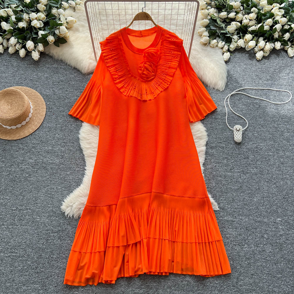 European and american niche style heavy beaded 3d floral flared sleeve dress - women's loose fit slimming a-line pleated maxi dress