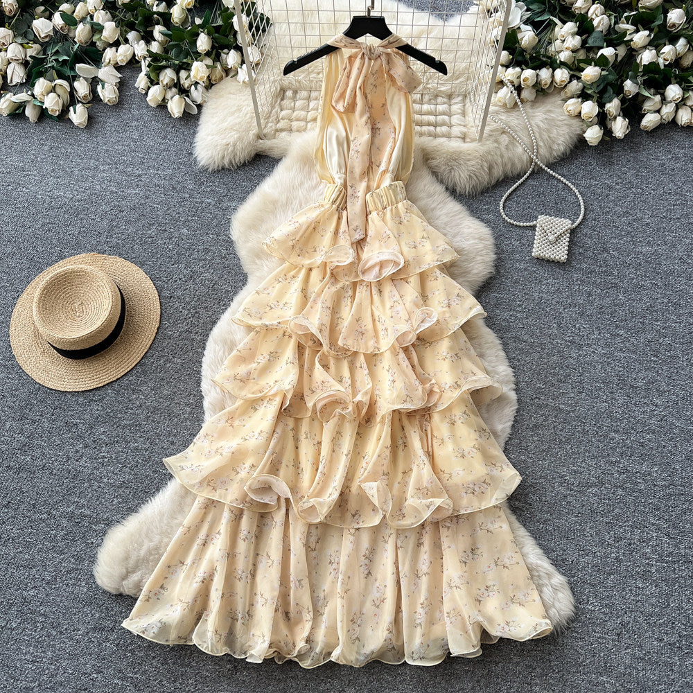 Frenchromantic style v neckhalter floral dress female summer k-stylesweet sleeveless ruffles cake skirt slimming look