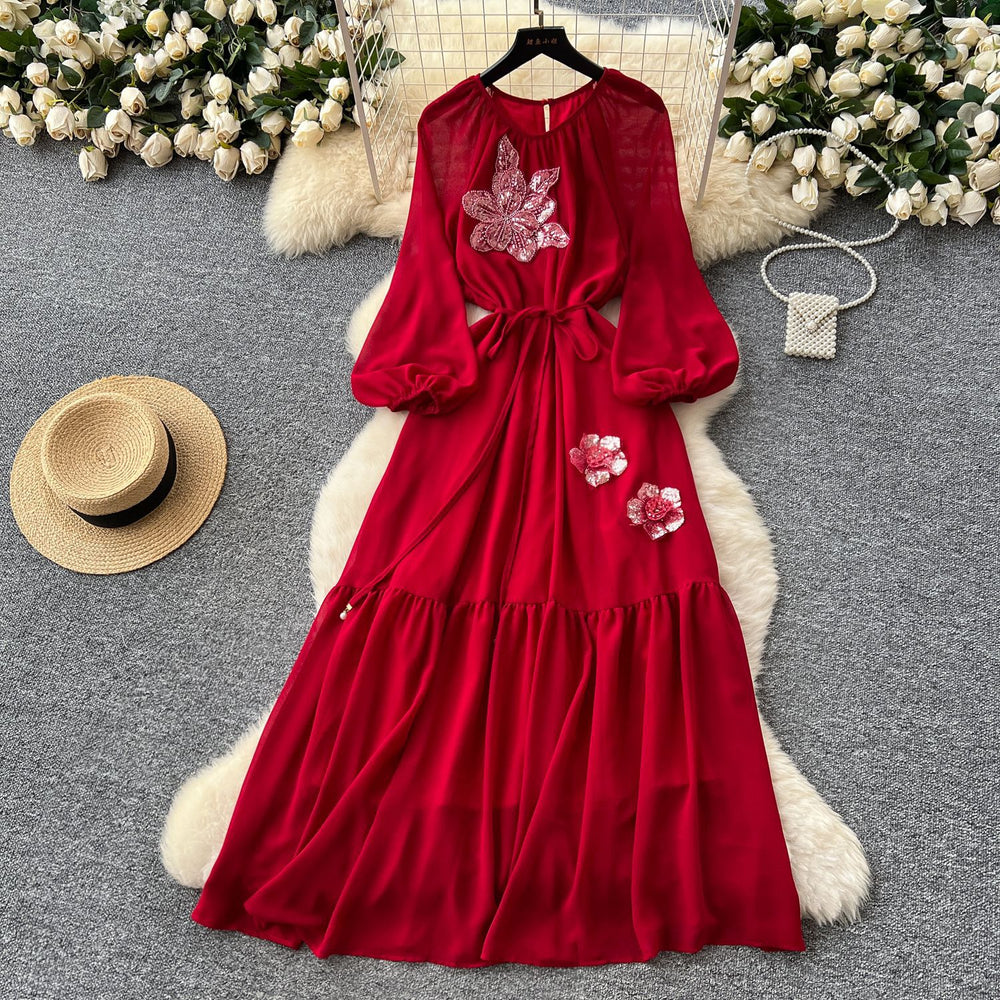 French chic embroidered sequin floral tie-waist lantern sleeve maxi dress - high-end women's fashion