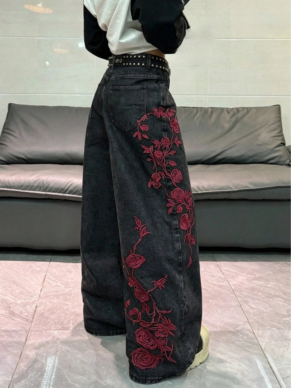 European and american style women's black and grey distressed rose embroidered wide leg jeans - vintage high street loose fit denim trousers