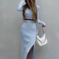 fall/winter new european and american cross-border women's solid color knitted crew neck top and long slit maxi skirt two-piece set