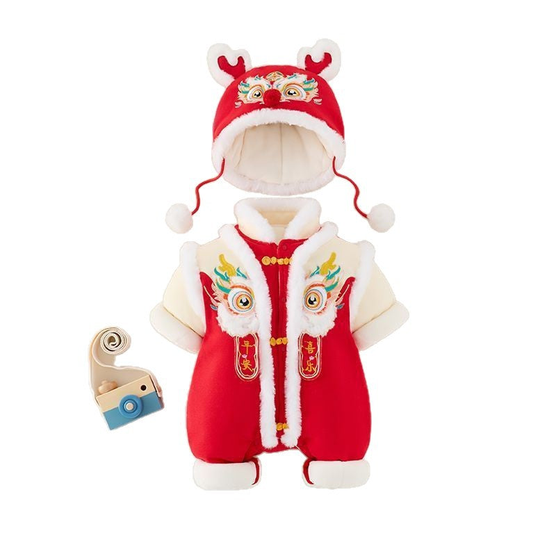Baby thickened winter clothes newborn outfit new year bodysuit baby red full month celebration winter new year's greeting