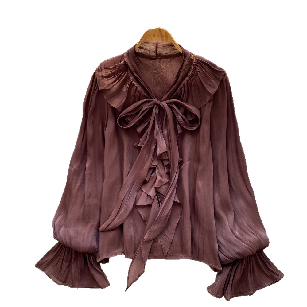 Korean style commute chic pink bow tie blouse - women's summer long sleeve ruffle trim loose fit solid color top