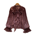 Korean style commute chic pink bow tie blouse - women's summer long sleeve ruffle trim loose fit solid color top