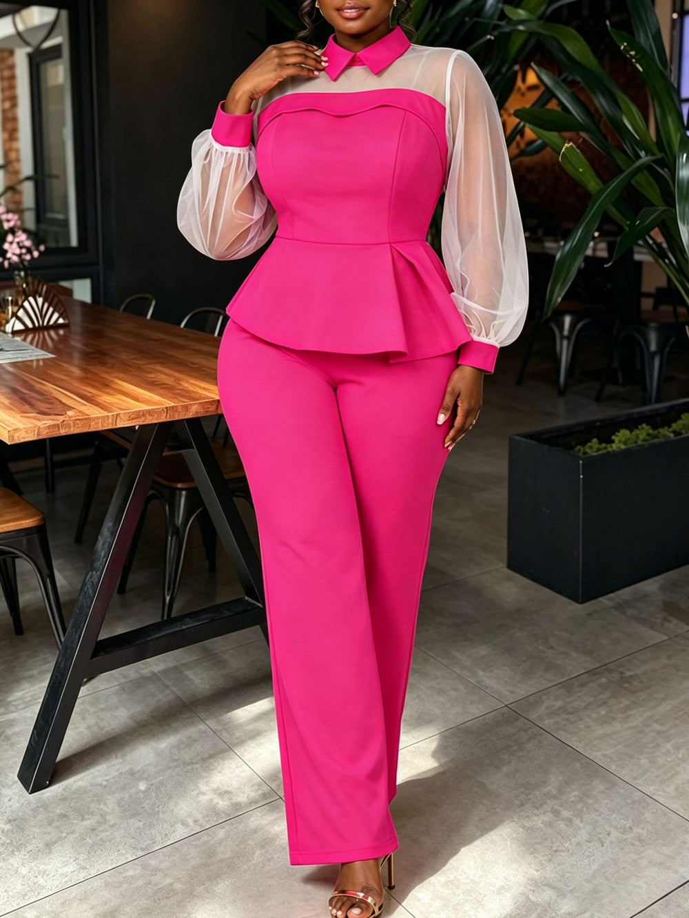 Autumnew arrival color matching casualtwo-piece set work clothing mesh patchwork lapel waist rufflestopsstraight-leg pants