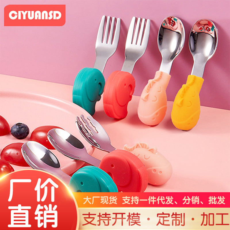 Wholesale baby stainless steel cutlery set: short-handled forks, spoons, silicone plates, and feeding utensil set for infants and toddlers