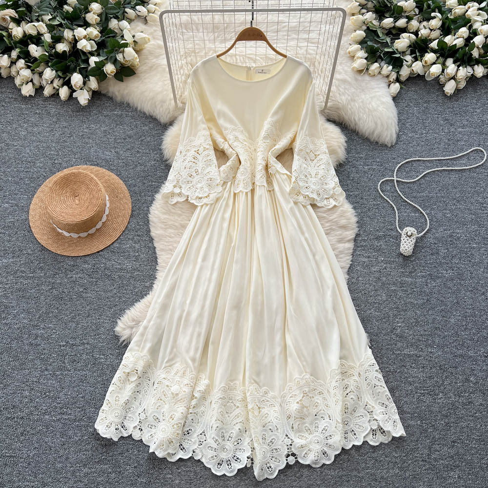 French court style three-quarter sleeve dress - women's summer mesh hollow-out crochet design, elegant flowy maxi dress