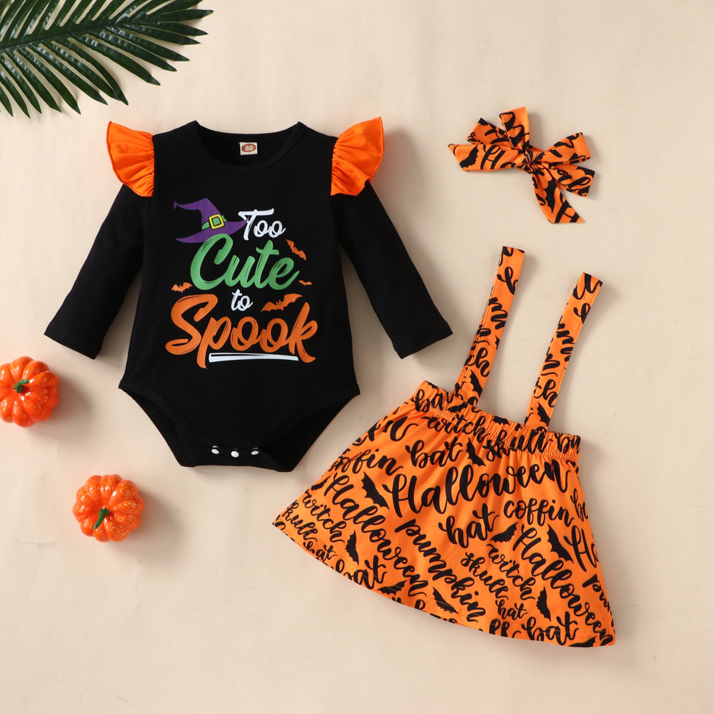 new cross-border heat transfer baby & toddler autumn long-sleeve halloween suspender dress three-piece set with triangle romper