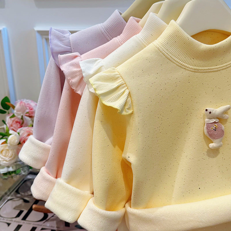 New autumn/winter korean style girls' fleece-lined thickened sweatshirt base layer long sleeve baby girl trendy kids' cotton clothing