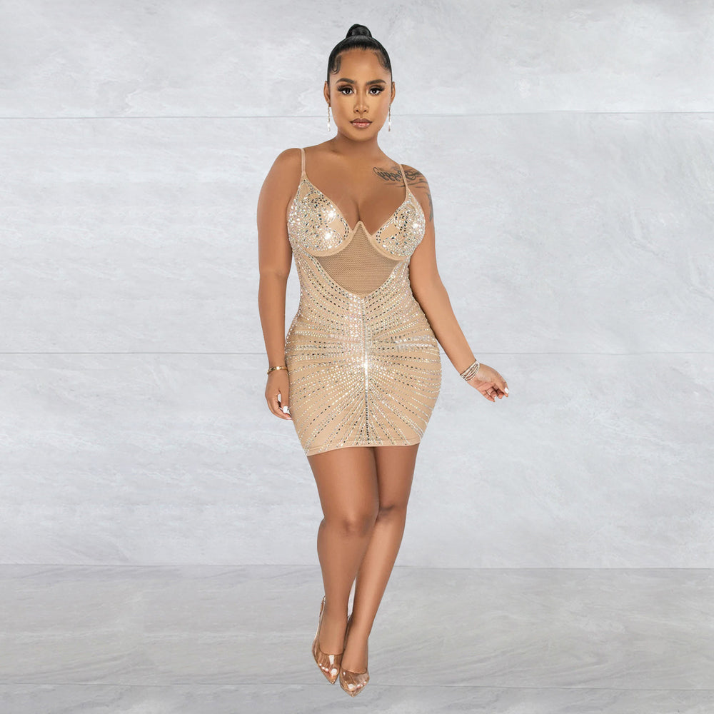 C6257 cross-border   fashion women's rhinestone mesh cami sleeveless mini dress