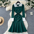 Frenchretro small fragrance style contrast color lapel long sleeves single breasted waist slimming lookelegantrufflesknittingdress
