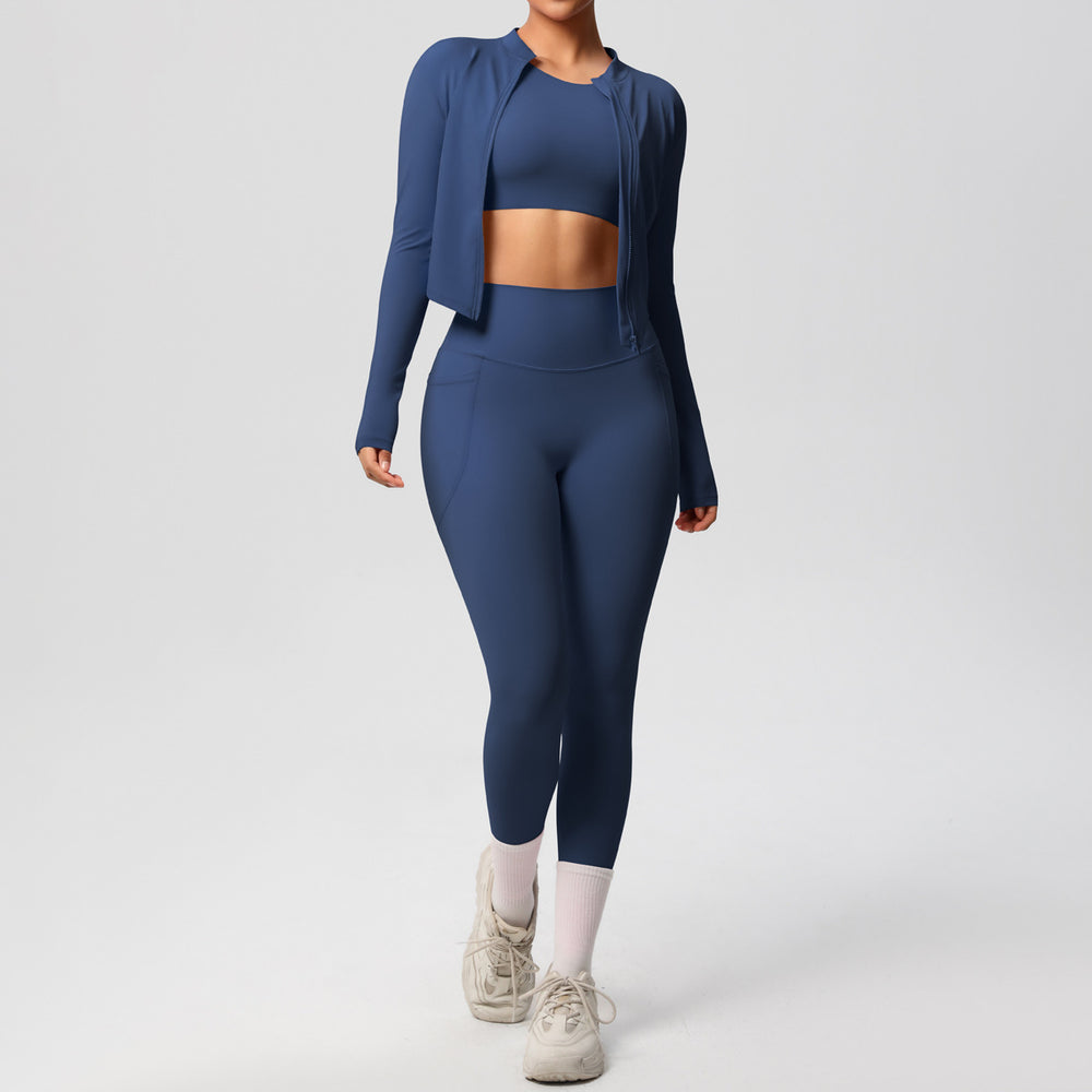 new cloud-soft brushed slim-fit long sleeve activewear set: includes a sporty jacket, casual peach lift leggings, and a yoga top – a three-piece workout outfit