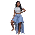 Fashionjeans women's light blue fishtail slit ruffles wide-leg pants high waistasymmetricalmop denim pants