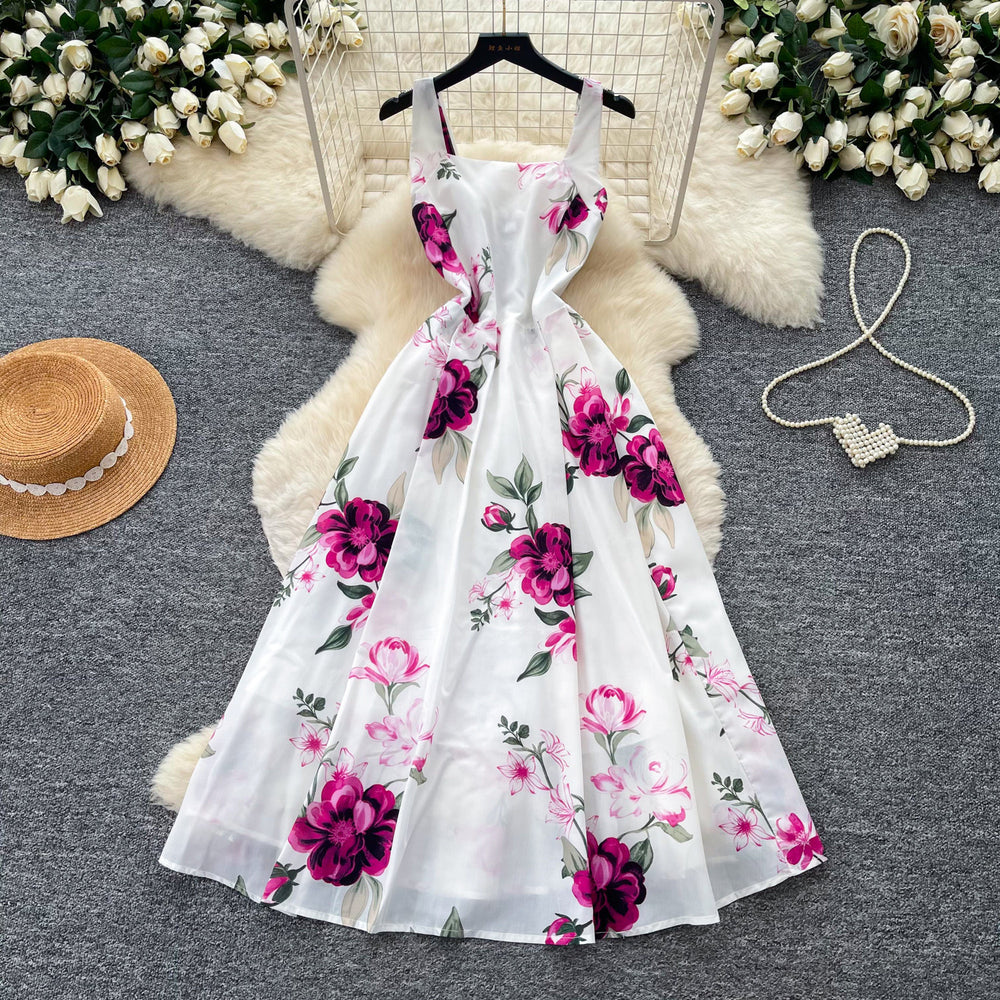 French riviera style printed cami dress - women's summer soft & chic white a-line dress - slim fit, figure-flattering, elegant maxi dress