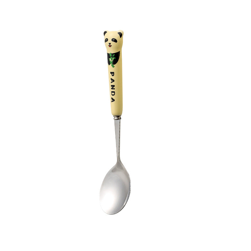 Cartoon stainless steel cutlery set: cute kids' forks with stylish ceramic handles, exquisite dessert spoons, and serving spoons