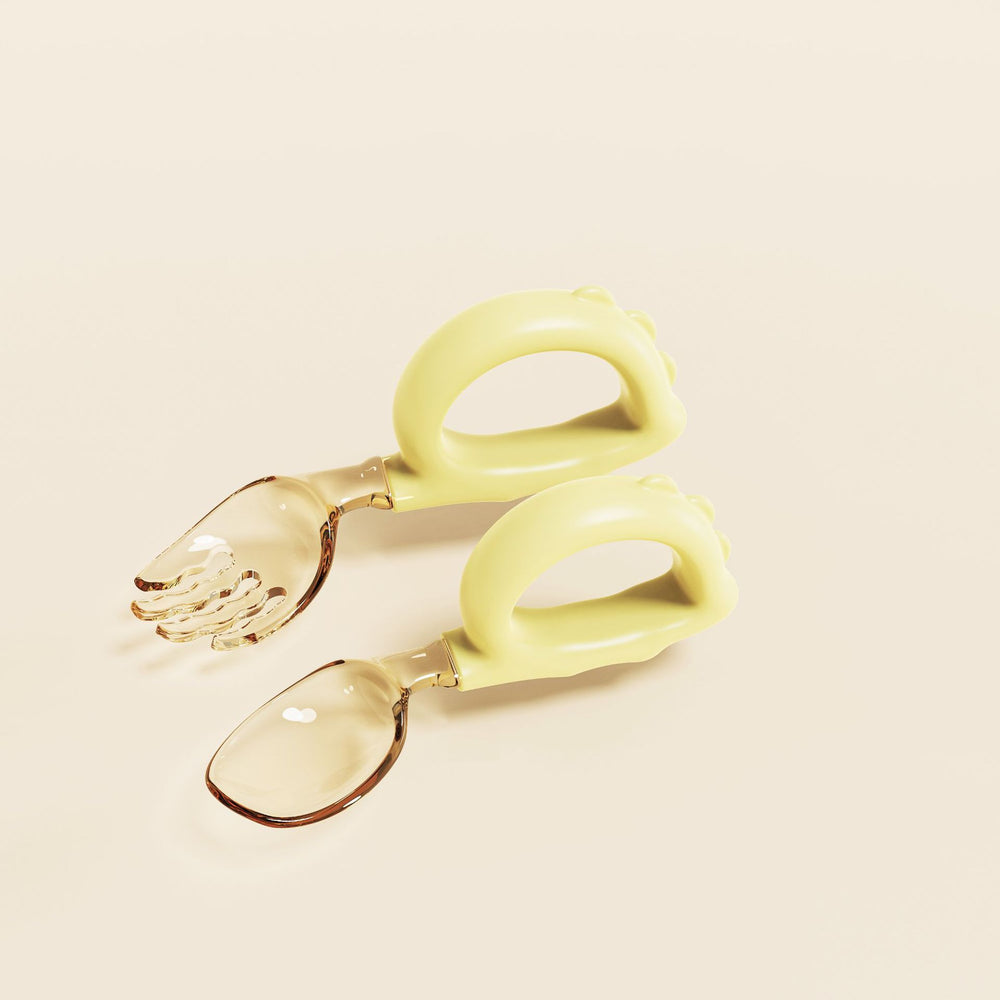 Newborn baby silicone handle spoon & 316 stainless steel short handle fork set - baby feeding utensil set