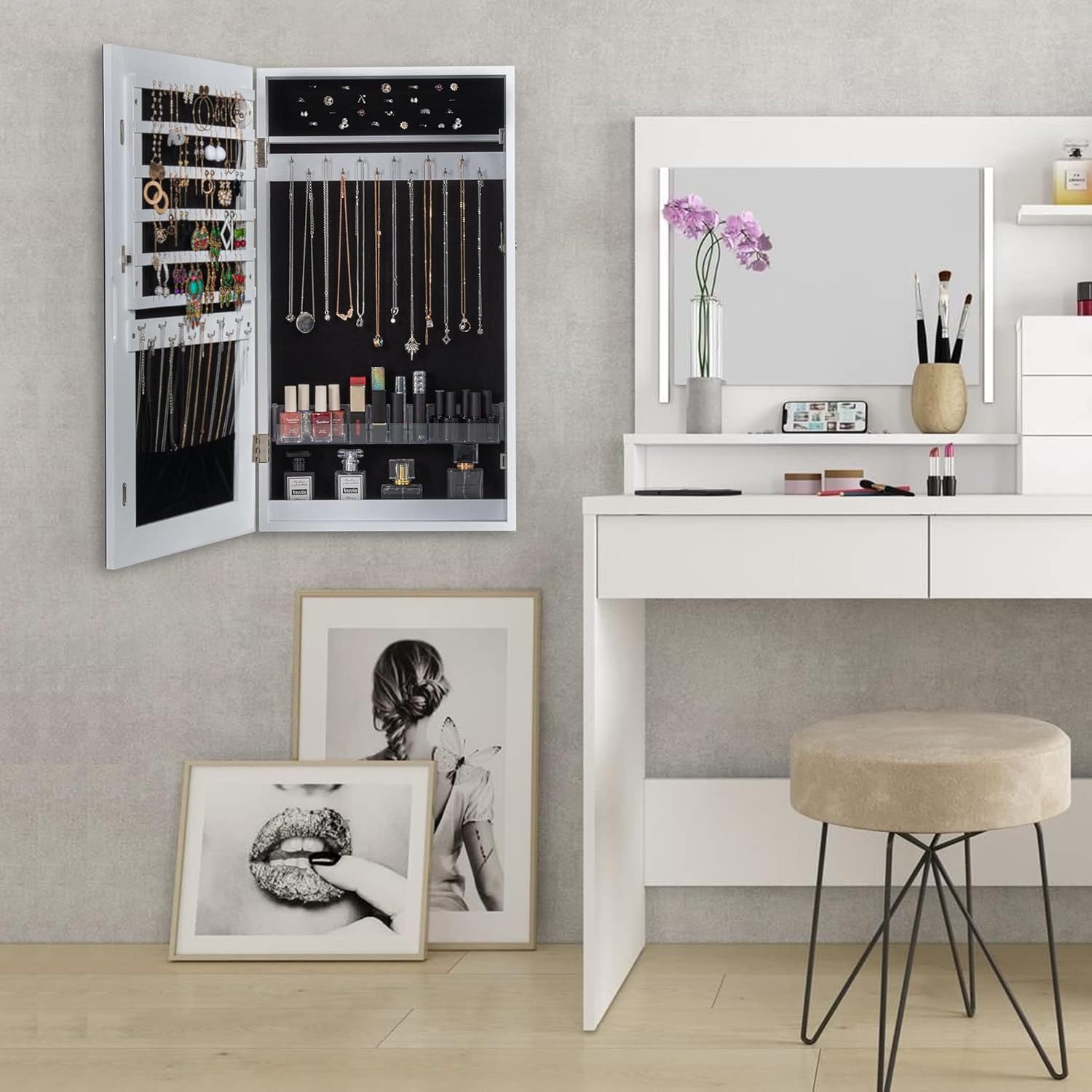 Wooden jewelry mirror cabinet wall makeup full-length mirror multi-functional storage locker home bedroom full-body mirror