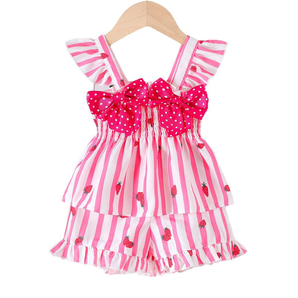 Baby cute style summer outfit: double-layer flutter sleeve top with double bows & elastic waist strawberry shorts set for toddlers
