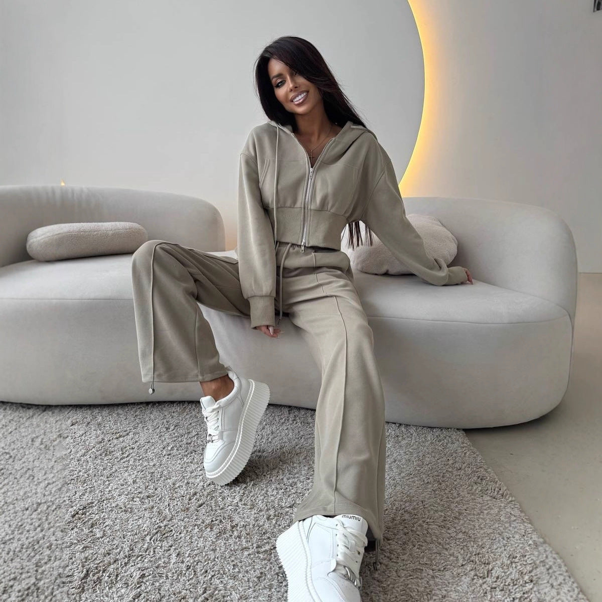European and American  casual cotton set, long-sleeved zipper cardigan, waist hooded sweater, lace-up wide-leg pants two-piece set