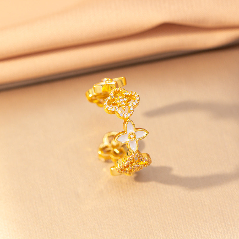 Copper micro-embedded diamond four-leaf clover hot-selling open ring female niche styleinsfashionelegantaccessible luxury ring jewelry