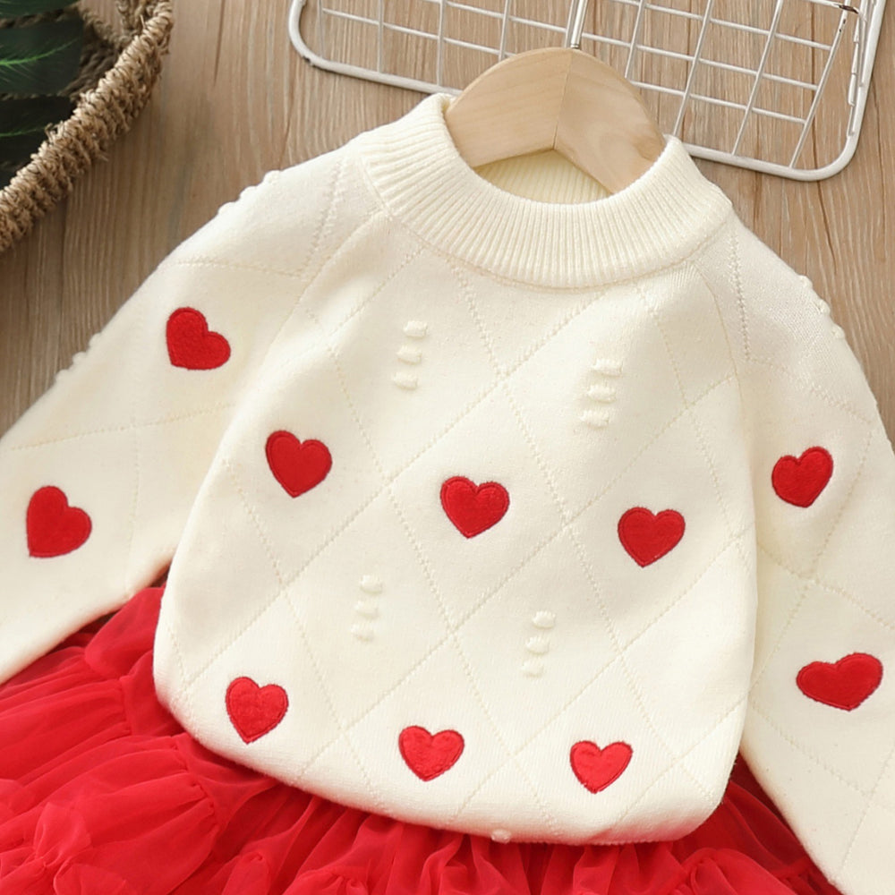 Girls' sweater new autumn and winter heart embroidery knit pullover top baby girl festive warm base layer set