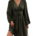 Fall and winternew arrival slanted collar lantern sleeve pleated waist dress