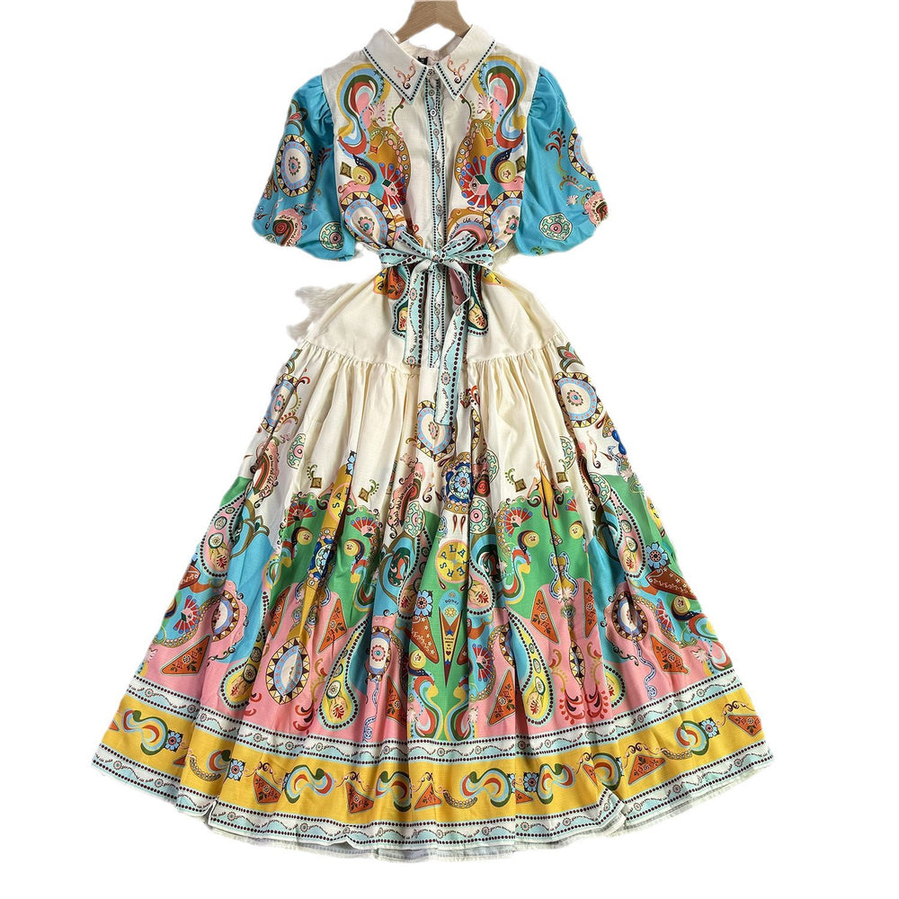 European and american cross-border  spring/summer new print fashion short sleeve puff sleeve tie-waist maxi dress for women