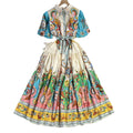 European and american cross-border  spring/summer new print fashion short sleeve puff sleeve tie-waist maxi dress for women