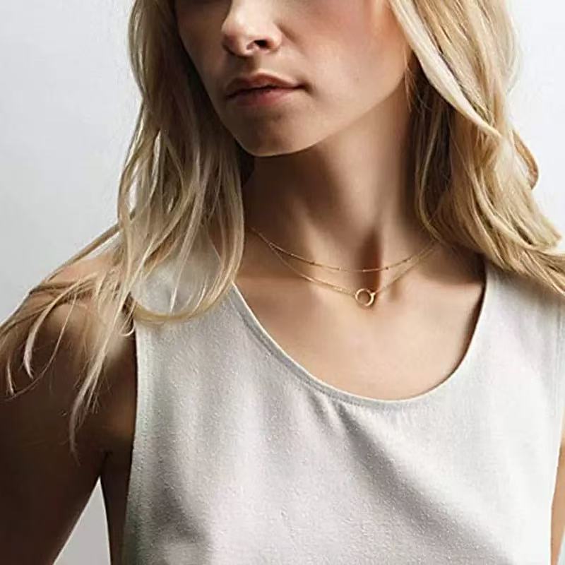European and american cross-border wholesale jewelry minimalist round ring double layer necklace copper bead chain clavicle chain gold circle pendant necklace