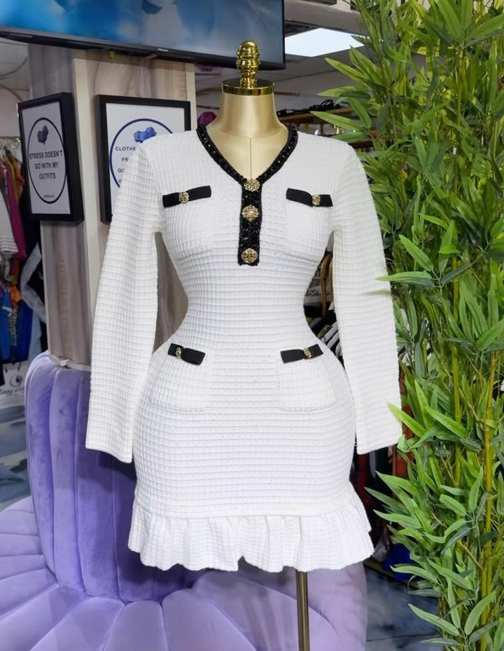 Exportnew arrivalfall and winternew arrivalwaffle gridscontrast color tweed stylev neckknittingdressruffles skirt