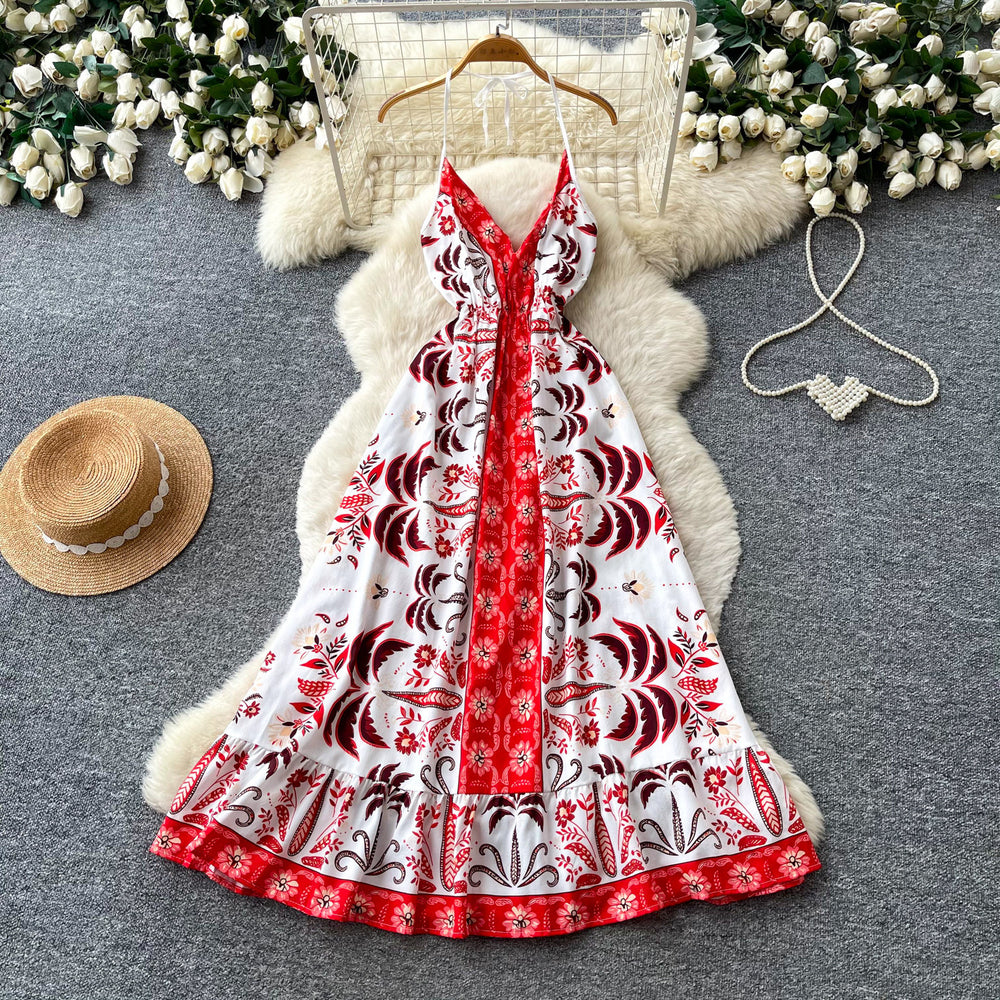 Vacation style v neckprinting suspender pure desire dress women's summer waist slimming lookruffles sleeveless elegant long skirt