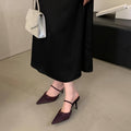 2024 winter new pointed-toe purple stiletto heel rhinestone ankle strap satin mules & slides for women