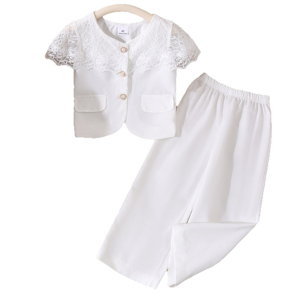 Children's clothing shein cross-border girl suitwhitetops+pantstwo-piece set