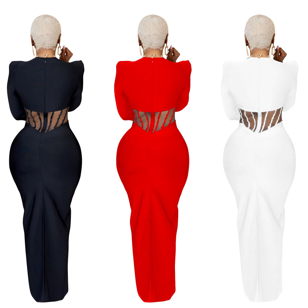 C6756 cross-border   fashion women's solid color mesh see-through long sleeve maxi dress