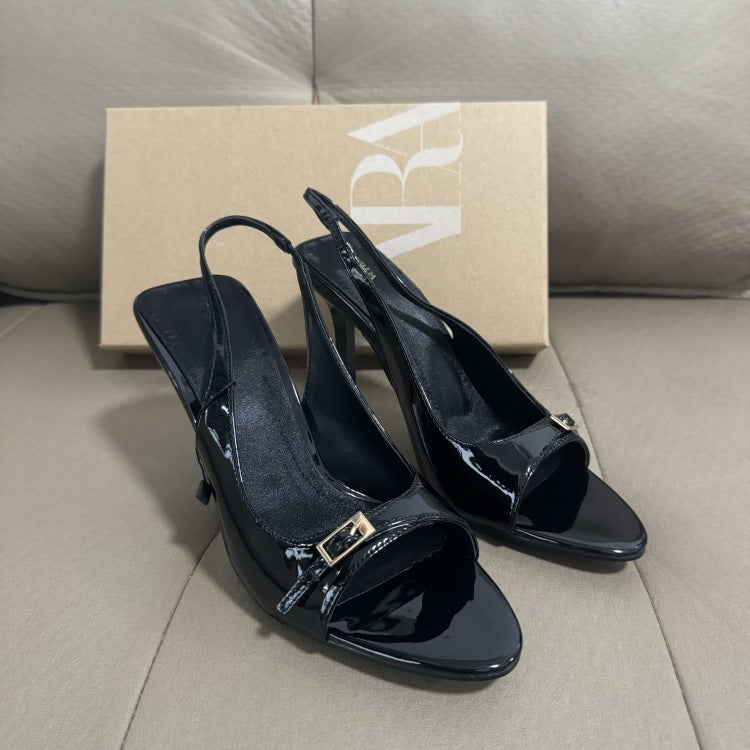 Spain 2025 summer new one-strap stiletto heel cut-out sandals - black patent leather effect, pointed toe, open toe