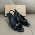Spain 2025 summer new one-strap stiletto heel cut-out sandals - black patent leather effect, pointed toe, open toe