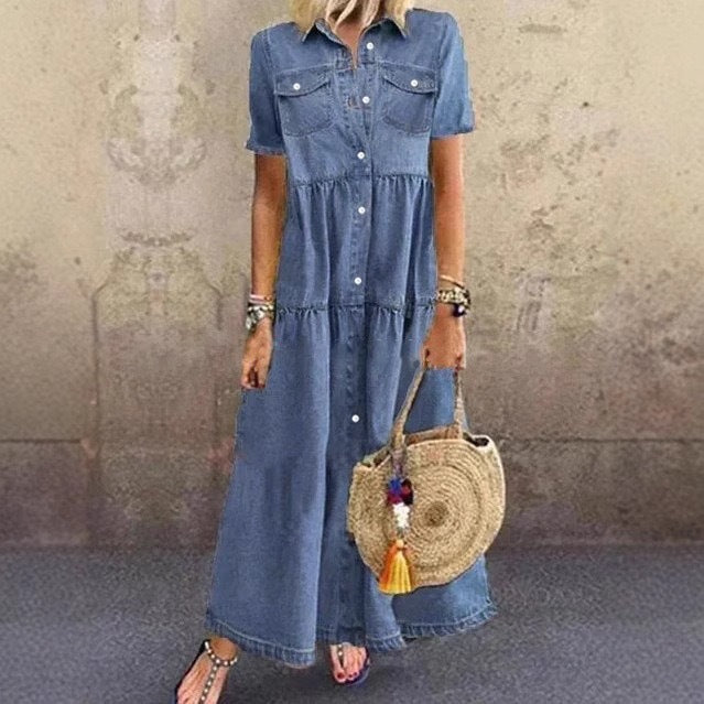 fashionindependent stationexportfashiontrendysummer short-sleeved casual style lapel distressed denim dress