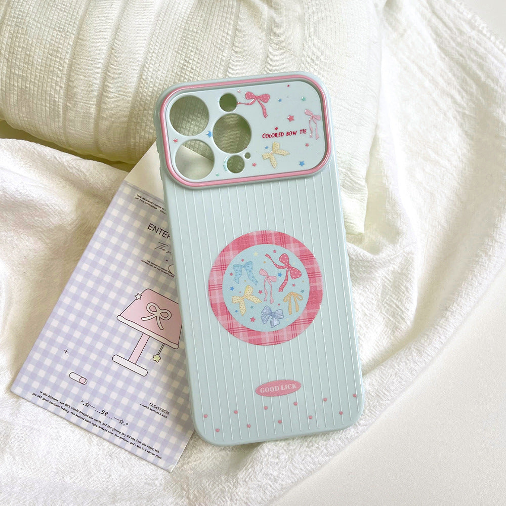 Suitable for iphone17pro mobile phone case ins fresh plaid round bow contrasting color iphone18 protective cover