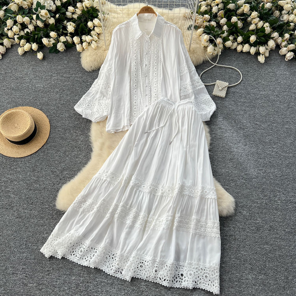 Age-reducing suit for women classy sense cut outlacepatchwork lantern long sleevesshirt + high waistslimming look large swing skirt