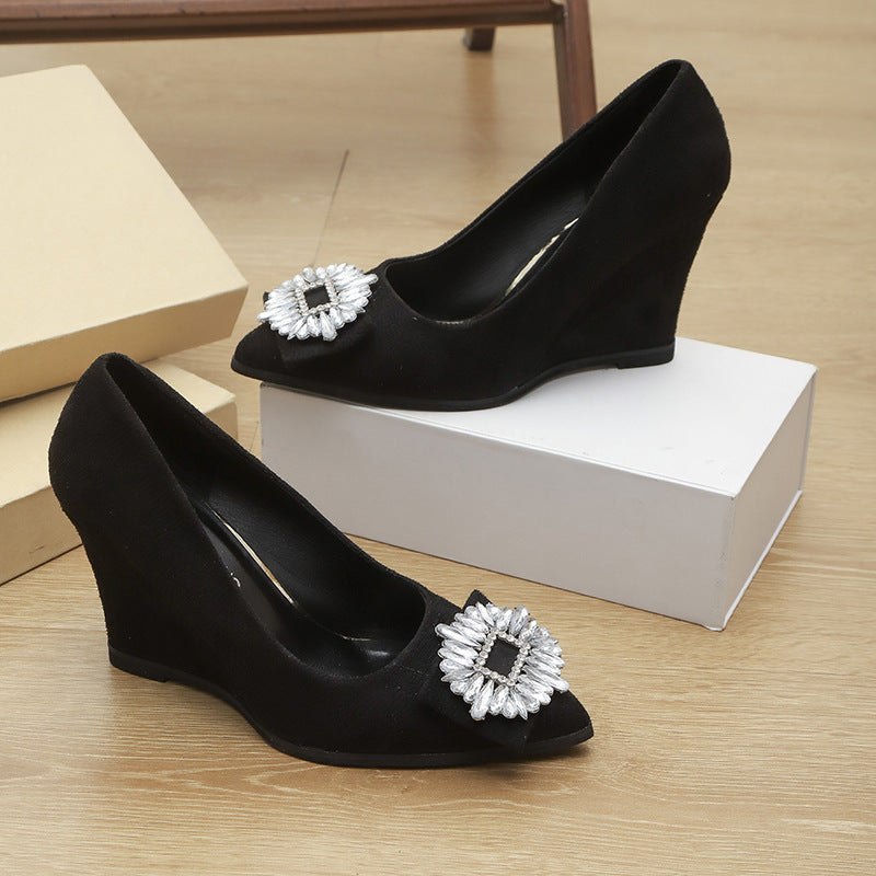 2025 new pointed-toe black heels with square buckle and rhinestone embellishments - french style, stiletto heel, elegant and versatile pumps